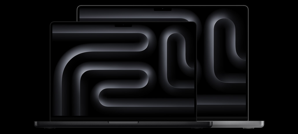 Two MacBook Pro laptops demonstrate relative sizes of displays: 35.97 cm (14.2″) and 41.05 cm (16.2″), measured diagonally