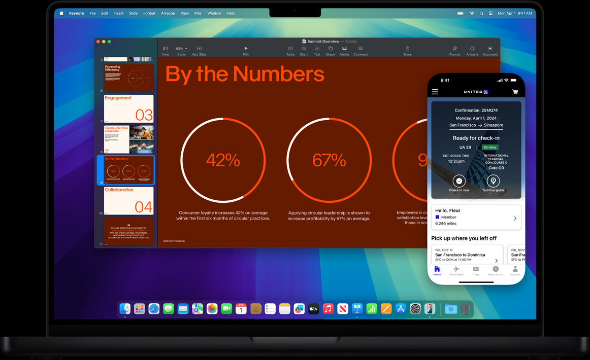 Demonstrating iPhone Mirroring, with iPhone display shown within MacBook Pro screen — user works on a presentation in Keynote app while an invitation to check in for a flight appears on the iPhone display