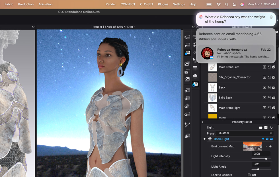 User works on a garment in CLO 3D fashion design app — Siri has delivered a response from ChatGPT to their question about sustainable hemp varieties