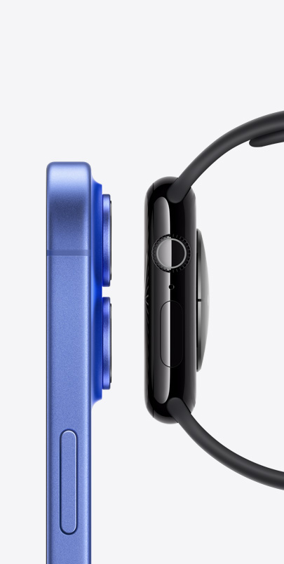 Vue de profil d’un iPhone 16 et d’une Apple Watch Series 10, côte à côte.