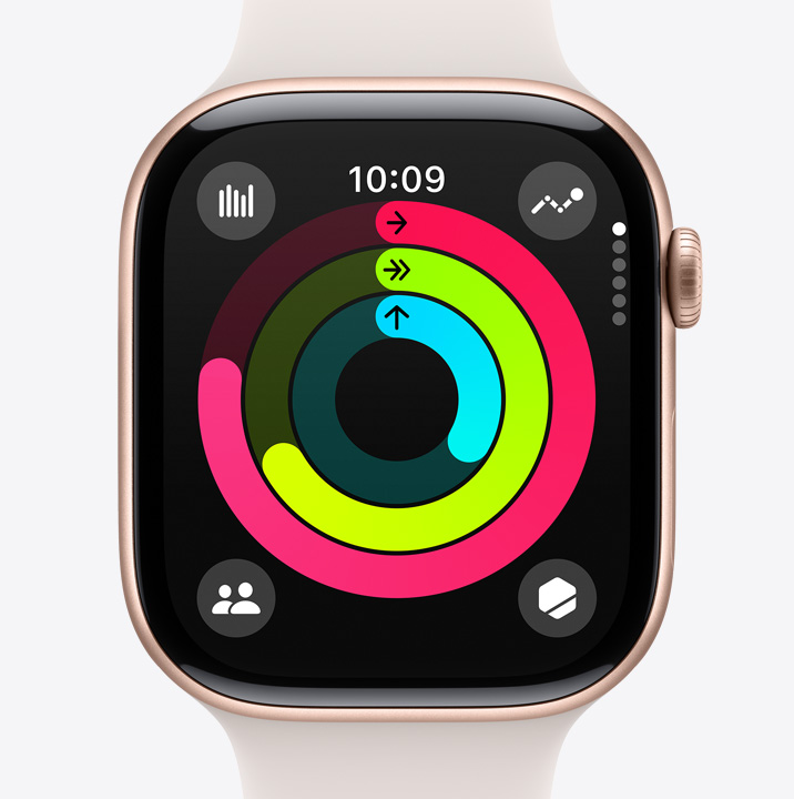 Les anneaux Bouger, M’entraîner et Me lever à différents stades de progression dans l’app Activité sur une Apple Watch Series 10.