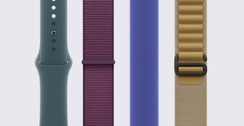 Plusieurs bracelets pour Apple Watch disposés côte à côte à la verticale.