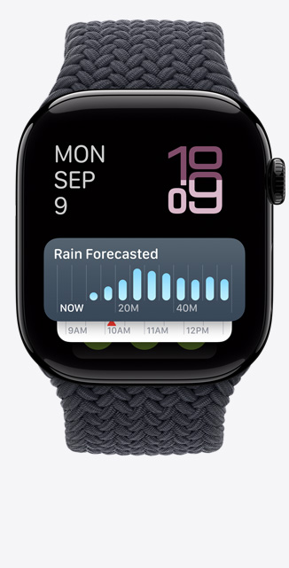 Front view of a Smart Stack screen on Apple Watch Series 10 showing a weather widget.