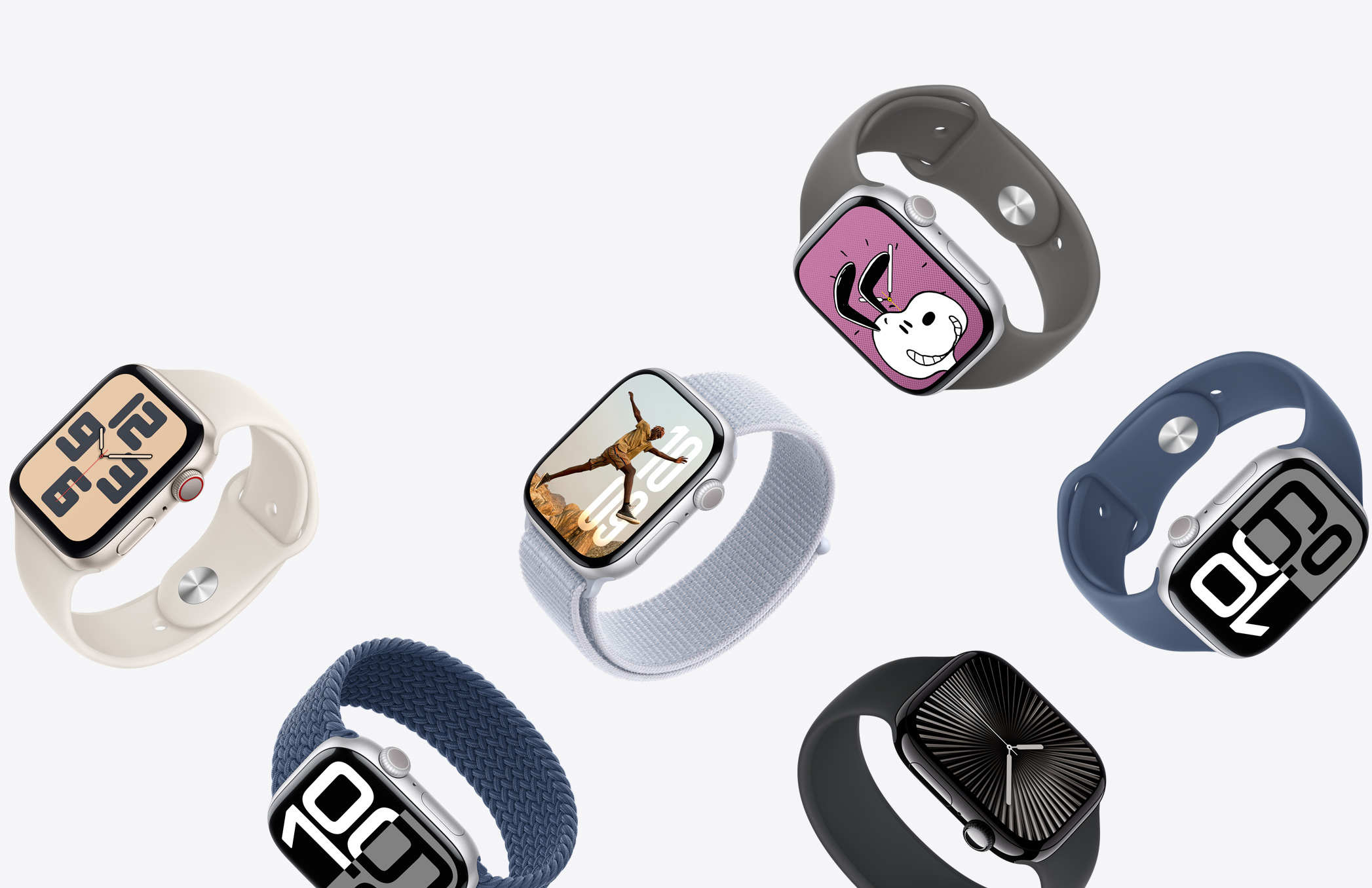 Uma seleção de aparelhos Apple Watch com diferentes cores de caixa e pulseiras de diversas cores e materiais.