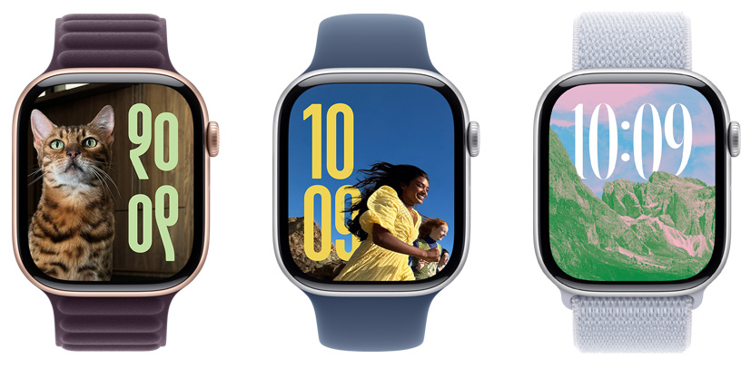 三隻 Apple Watch 螢幕各自展示不同照片錶面，呈現不同的畫面，時間大小和語言文字。